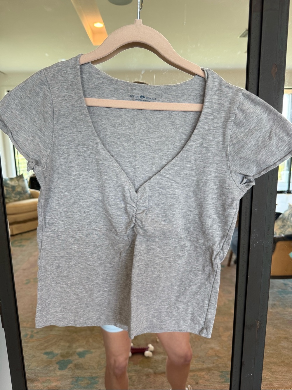 Brandy Melville Heather Gray V-Neck Ruched Short Sleeve Tee